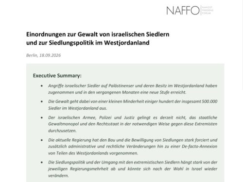 NAFFO Positionspapier: Einordnungen zur Gewalt extremistischer Siedler und zur Siedlungspolitik im Westjordanland